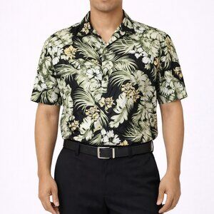 Rima Black Multi Short Sleeve Button-Up Hawaiian Shirt Palm Party Spring Summer